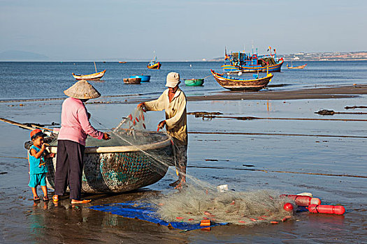 越南,美尼,海滩,渔民,渔船