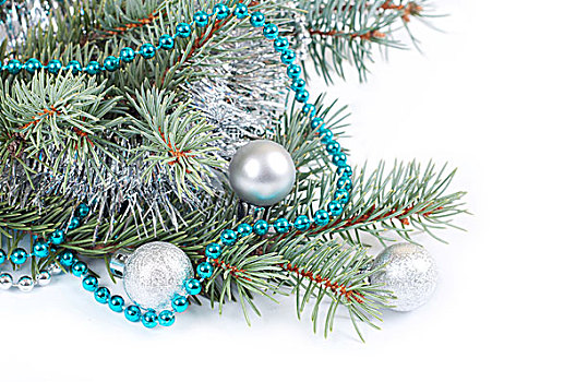圣诞节,背景,蓝色,珠子,白色,装饰,杉枝