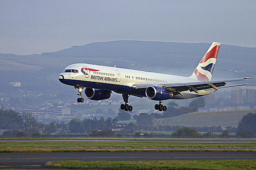 苏格兰,格拉斯哥,国际机场,英国航空公司,喷气式飞机,降落,机场