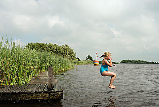 女孩,跳跃,乡村,湖