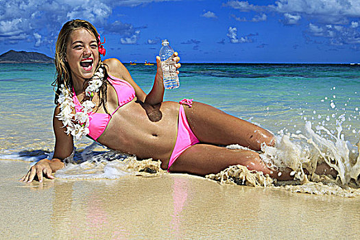 夏威夷,女青年,海滩,水瓶