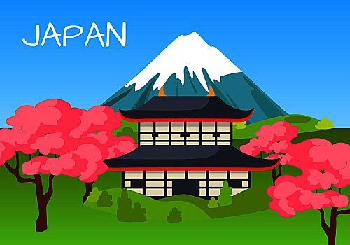 日本,旅游,概念,国家,象征,塔,围绕,樱花,富士山,攀升,背景,矢量,亚洲,文化,建筑,自然,魅力,插画