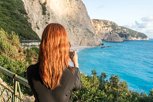 女人,照相,蓝绿色海水,利富卡达岛,岛屿,希腊
