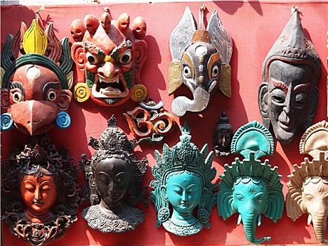 尼泊尔,面具,展示,市场,巴克塔普尔