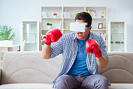 男人,戴着,虚拟现实,眼镜,玩,拳击,比赛