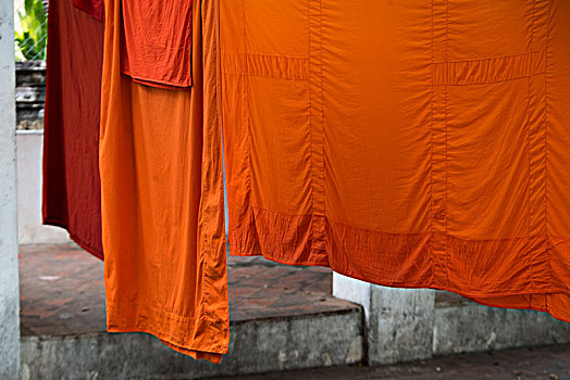 特写,橘色,长袍,弄干,琅勃拉邦,老挝
