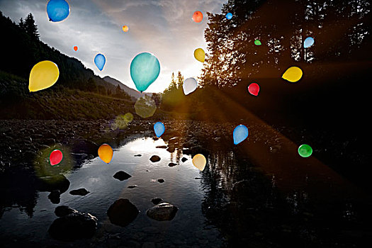 气球,漂浮,上方,安静,岩石,湖