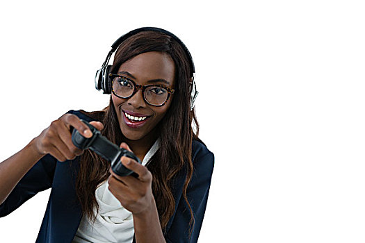 女人,穿,眼镜,耳机,玩,电子游戏,白色背景