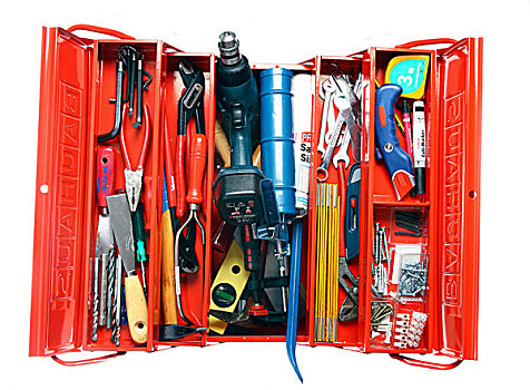 红色,金属,工具箱,满,多样,工具