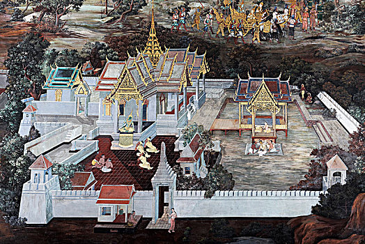 佛教寺庙,复杂,场景,壁画,玉佛寺,苏梅岛,曼谷,泰国,亚洲