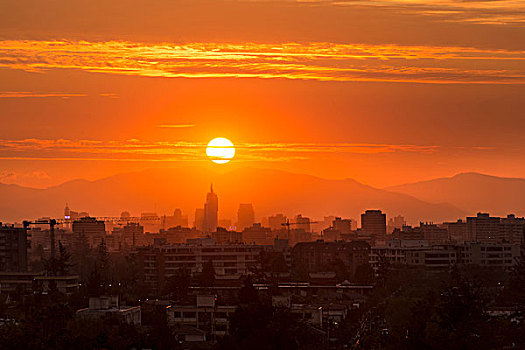 日落,俯视,市区,圣地亚哥,智利