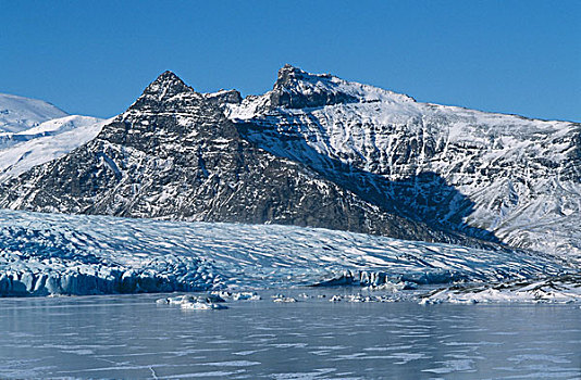 冰河,湖,舌头,山脉,冷冻,冬天,冰层,冰岛,欧洲