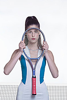 年轻,女人,头像,姿势,网球拍,正面,脸,棚拍