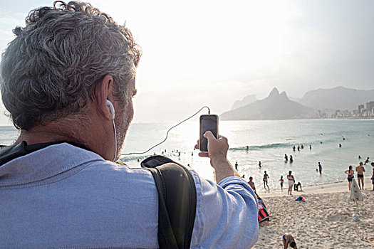男人,照相,风景,伊帕内玛海滩,里约热内卢,巴西