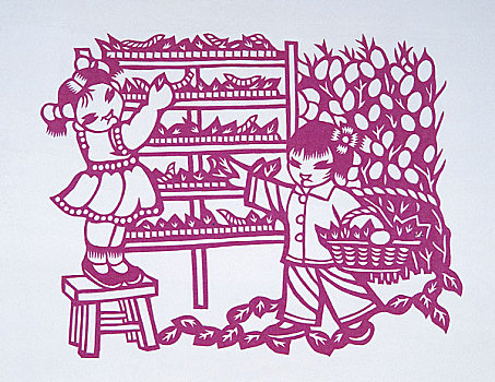 剪纸－儿童劳动场景养蚕
