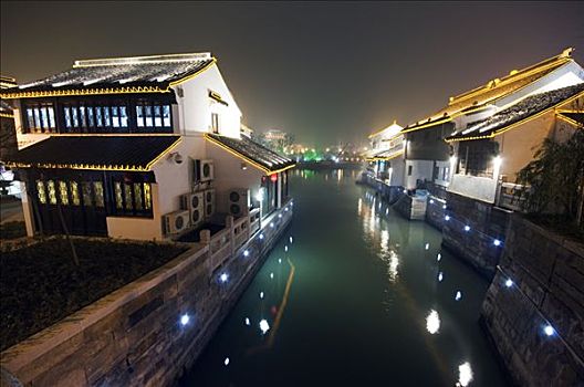 中国,江苏,苏州,城市,水城,传统,老,河,房子,光亮,夜晚