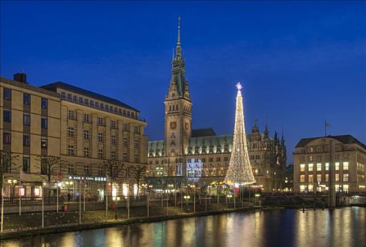 汉堡市,市政厅,河,圣诞市场,德国,欧洲