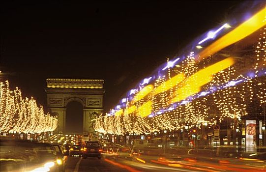 巴黎,道路,夜晚,灯光,凯旋门,圣诞节