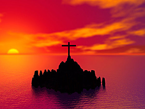 日落,十字架,岩石上,中间,湖