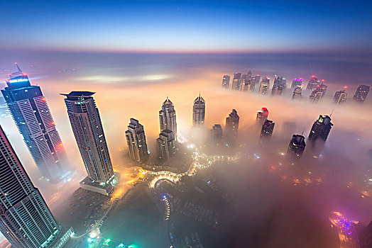 航拍,城市,光亮,摩天大楼,高处,云,迪拜,阿联酋,黄昏