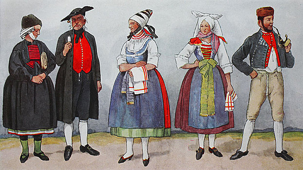 人,传统服装,时尚,衣服,德国,服饰,巴伐利亚,弗兰克尼亚,19世纪,插画,欧洲