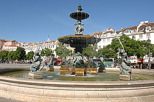 葡萄牙,里斯本,城镇,纪念建筑,罗西奥,大教堂,喷泉