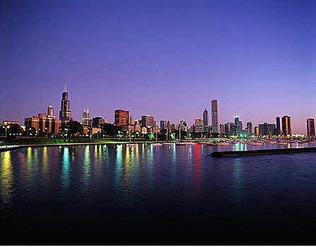 城市天际线,黄昏,芝加哥,伊利诺斯,美国
