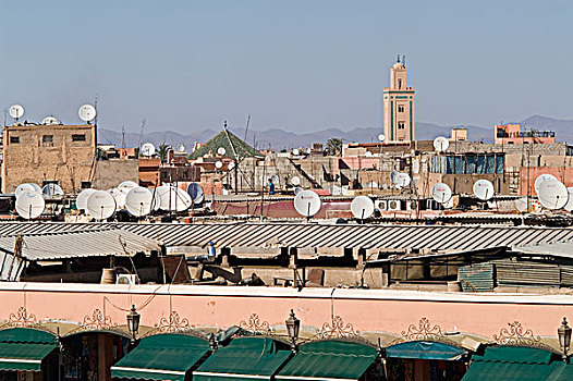 卫星,餐具,屋顶,地点,尖塔,背景,玛拉喀什,摩洛哥