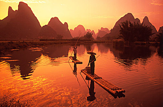 中国,桂林,河,鸬鹚,捕鱼,日落