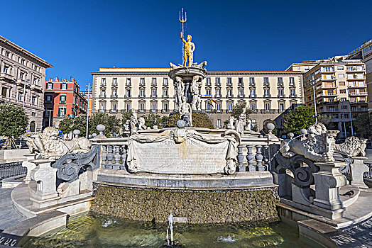 市政厅,广场,著名,海王星喷泉,那不勒斯,意大利