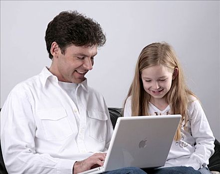父亲,女儿,玩,游戏,笔记本电脑