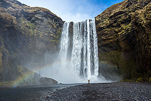 冰岛,南方,人,站立,正面,瀑布