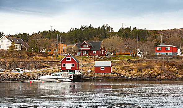 传统,挪威,渔村,木屋,海岸
