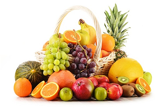 品种,水果,柳条篮,隔绝,白色背景