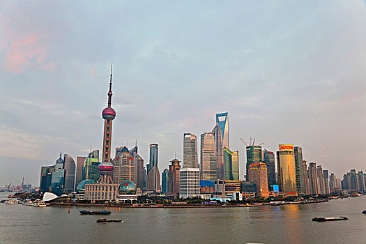 驳船,浦东,天际线,日落,上海,中国