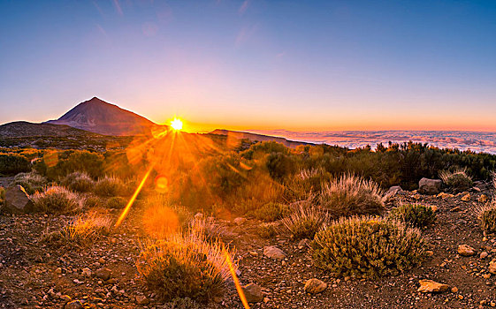 日落,阴天,火山,风景,逆光,国家公园,特内里费岛,加纳利群岛,西班牙,欧洲