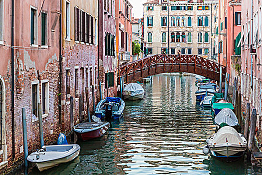 摩托艇,停泊,运河,步行桥,背景,威尼斯,意大利