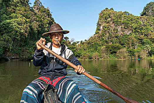桨手,湖,靠近,洞穴,缅甸,亚洲