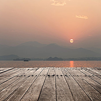 木板,湖,日落,背景