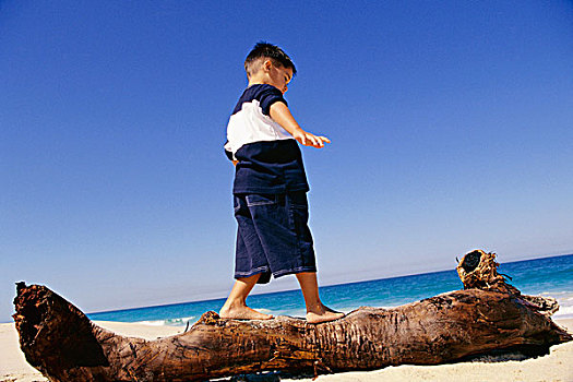 男孩,走,原木上,海滩