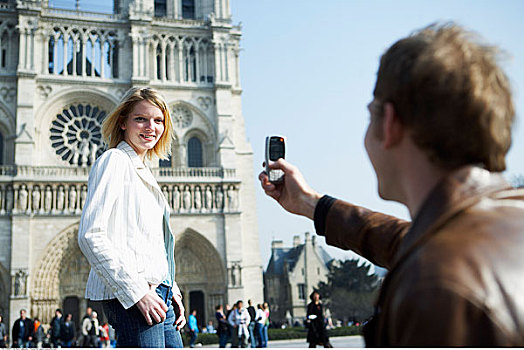 男人,摄影,女人,正面,圣母大教堂,巴黎,法国