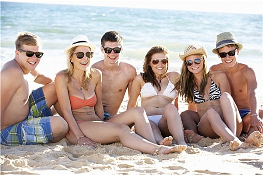 群体,青少年,朋友,享受,海滩度假,一起