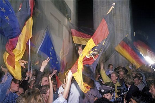 欧洲,德国,旗帜,市民,柏林,庆贺,团聚,正面,勃兰登堡门,夜晚,民主德国,十月,第三