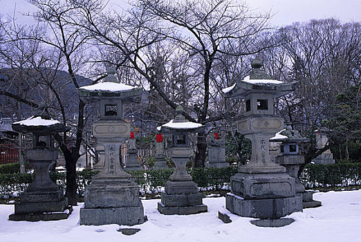 日本,长野,庙宇,石头,灯笼,雪
