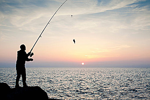 剪影,釣魚,男人,日落