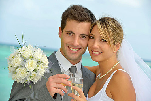 结婚,情侣,拿着,玻璃,香槟