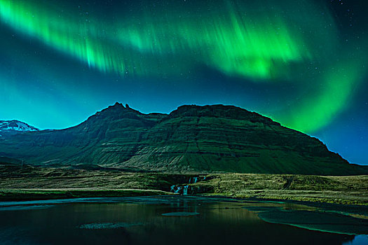 北极光,高处,瀑布,斯奈山半岛,冰岛