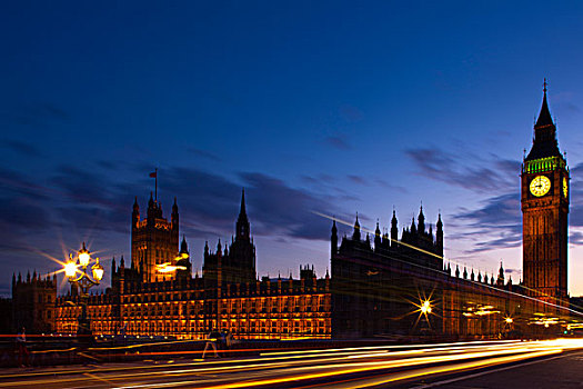 英格兰,伦敦,威斯敏斯特,光影,交通,上方,威斯敏斯特桥,大本钟,议会大厦,背景