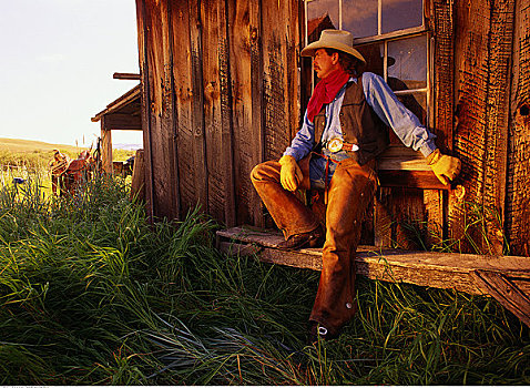 牛仔,靠墙,道格拉斯湖牧场,不列颠哥伦比亚省,加拿大