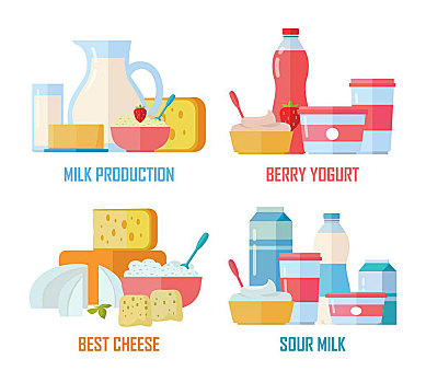 传统,乳制品,牛奶,不同,白色背景,背景,制作,浆果酸奶,最好,奶酪,酸奶,旗帜,种类,农场,食物,插画